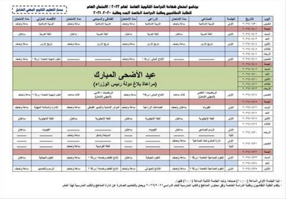 جدول برنامج امتحانات التوجيهي 2022 الأردن